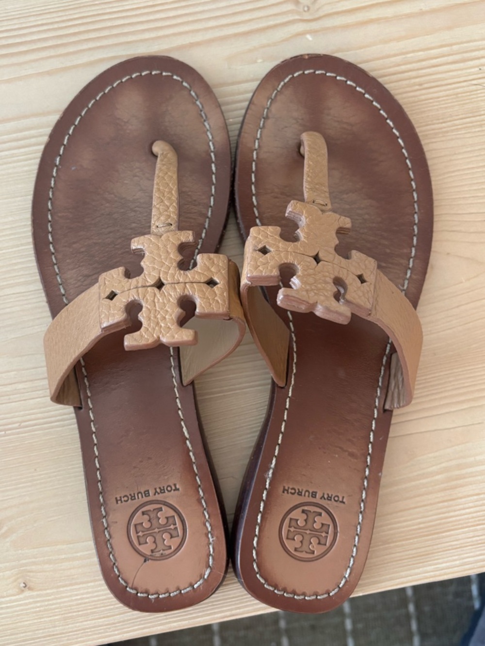 Tory Burch Tan Leather Logo Thong Sandals